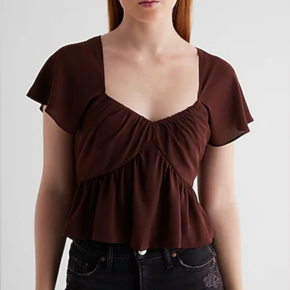 NWOT Express Flowy Sweetheart Neckline Peplum Blouse “Rich Mocha” Color SIZE L - Picture 1 of 11